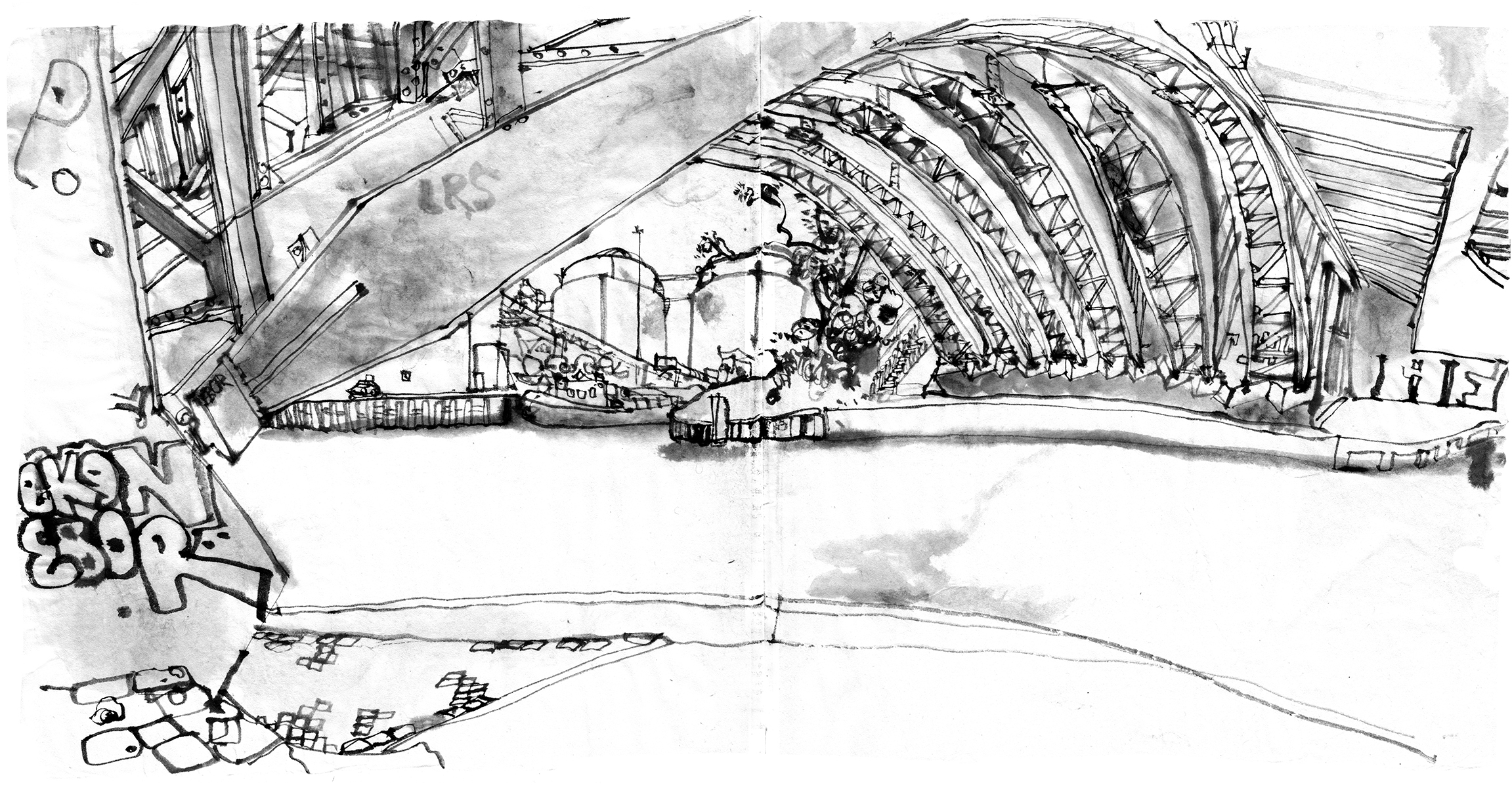 ink drawing from a bridge over a canal, senn from below, by the canal