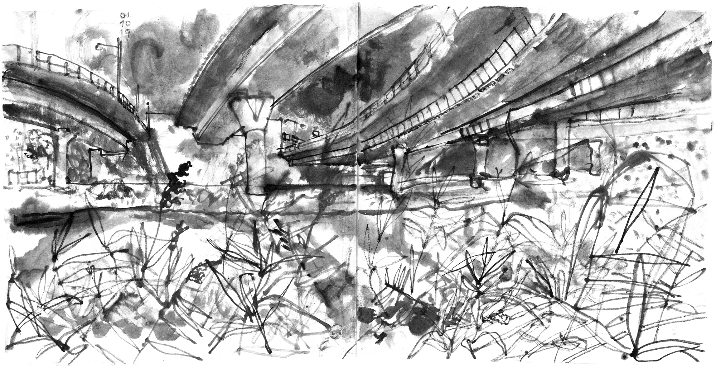 Ink drawing of a view from underneath motorway bridges , crossing a canal, reed in front.