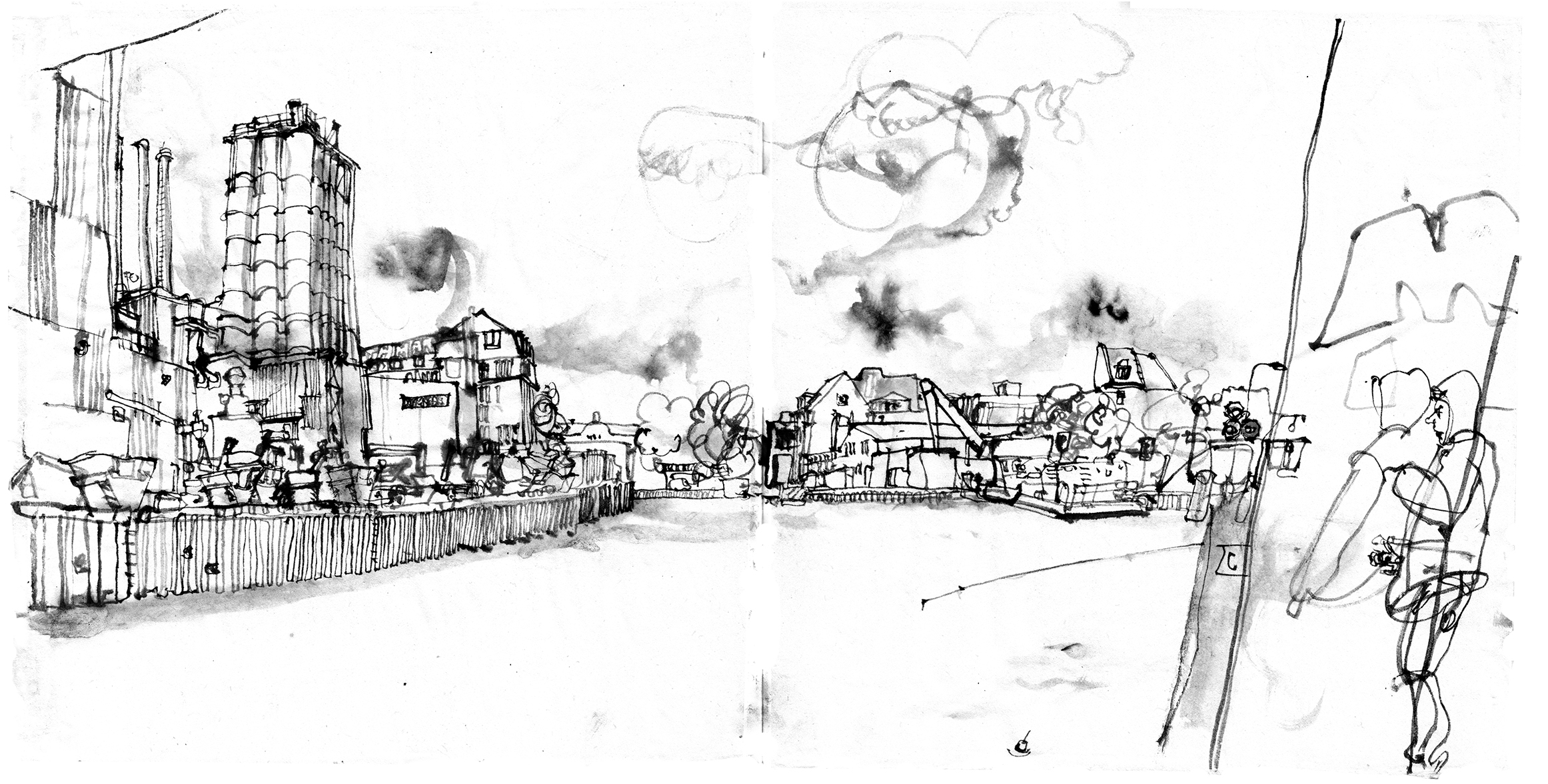 Ink drawing of an industrial harbour by a canal. On the left are the structures of a recycling plant, on the right some historical harbour building and a crane, further right the entrance of a lock. In front right to guys with a fishing rod .