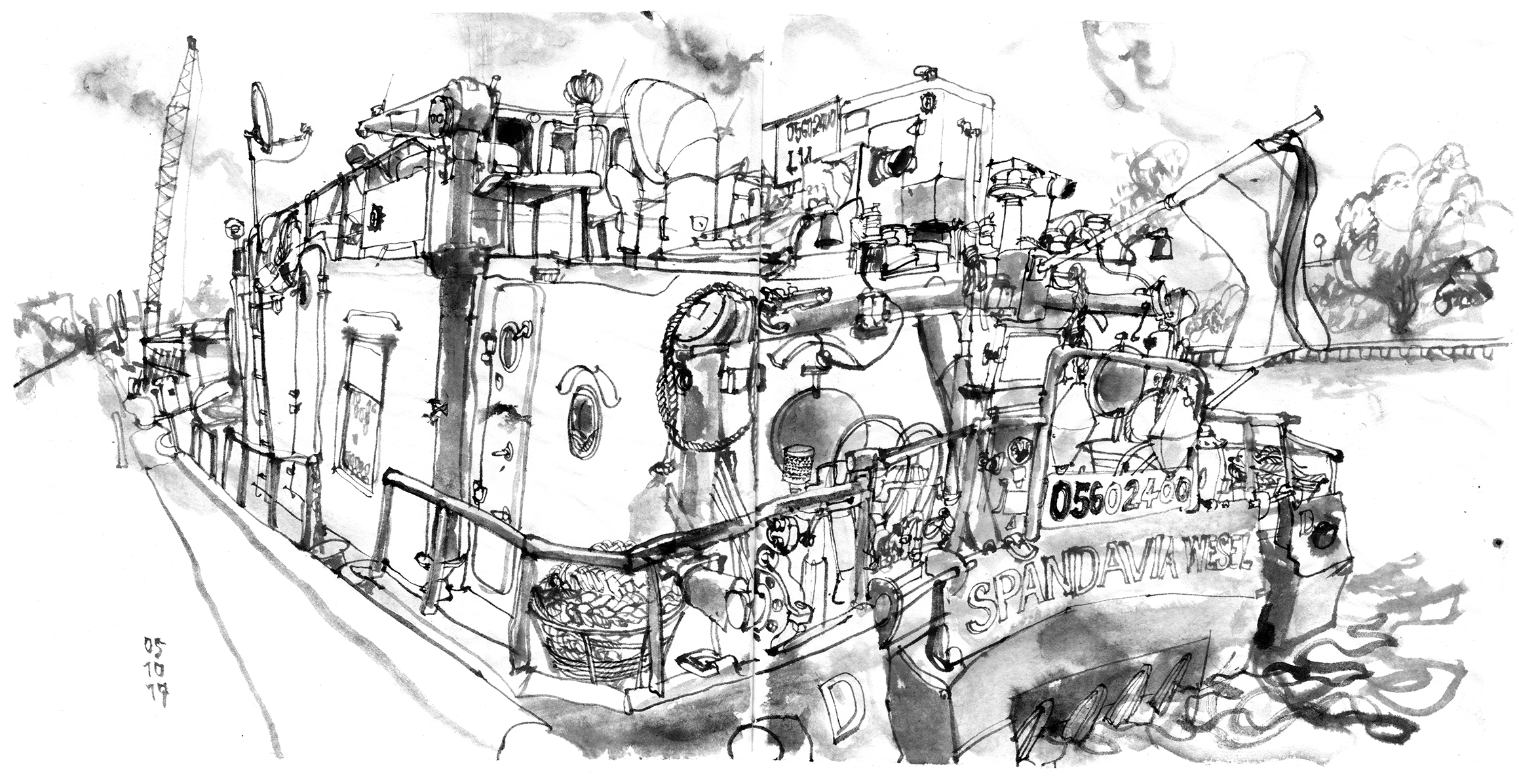 Ink drawing of a tucker boat mured to the bank of a canal. The boat has lettering on the tail side, 'SPANDAVIA WESEZ`and a number (05602460), there is a flag and lots of equipment, ropes and stuff. In the background is a crane by the canal.
