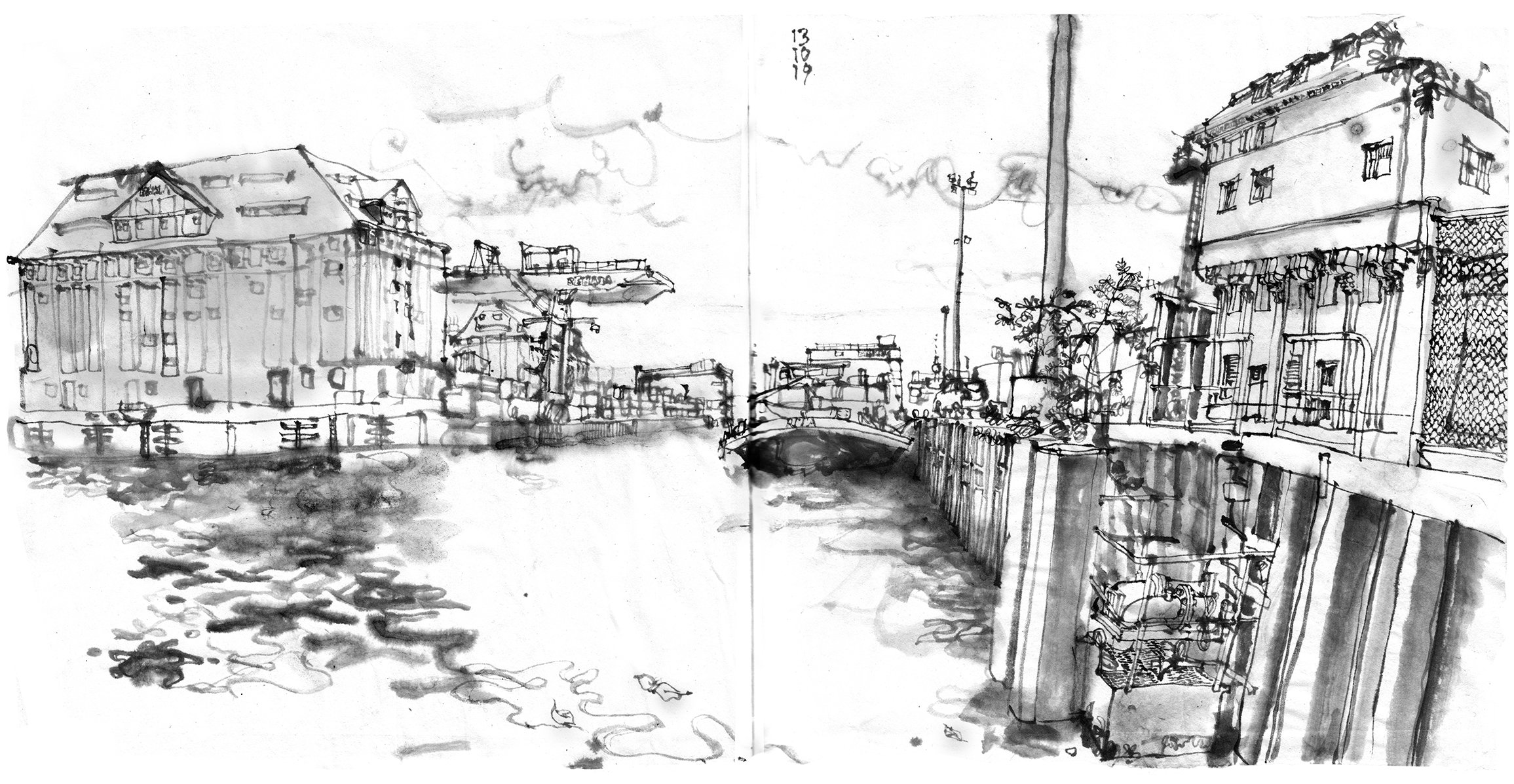 Ink draeing of a harbour, storage building on the left, a boat is mured to a cay wall, another building to the right. cranes in the harbour.