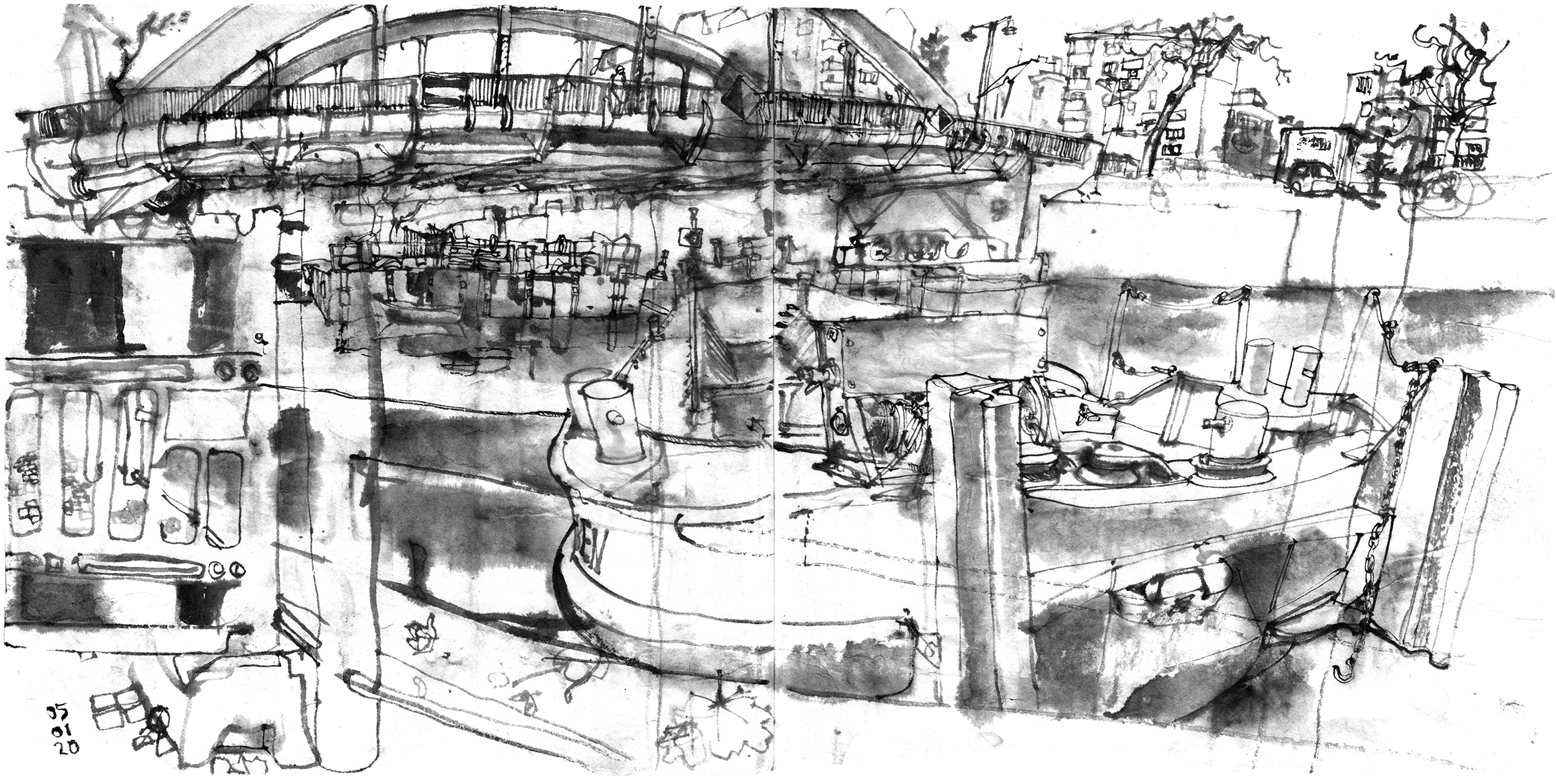 Ink drawing from a riverside, a bridge in the back. Underneath the bridge is a Ponton with building material. A barge in front is moored to poles at the bank.