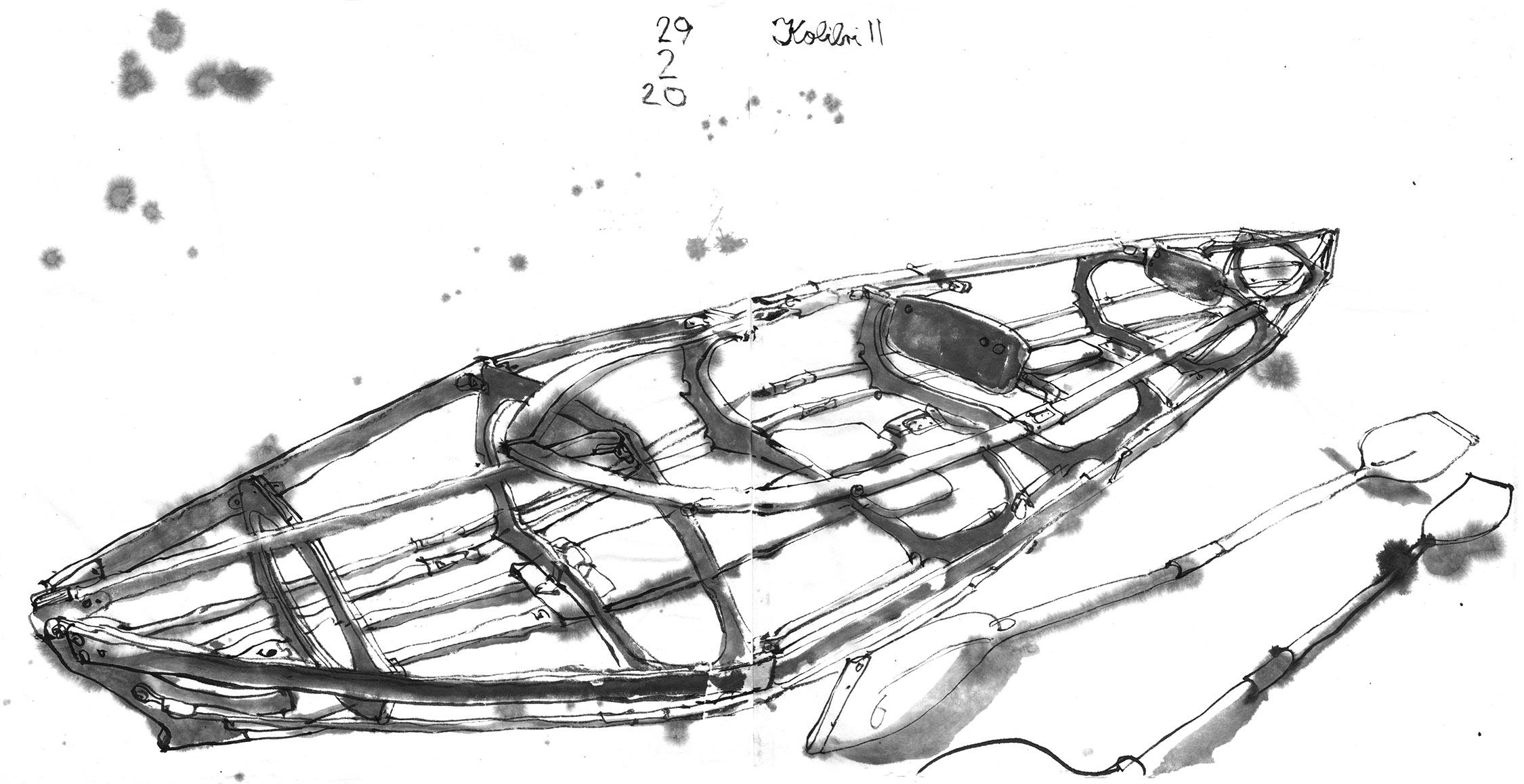 Ink drawing of the skeleton of a folding kayak, two paddles aside.