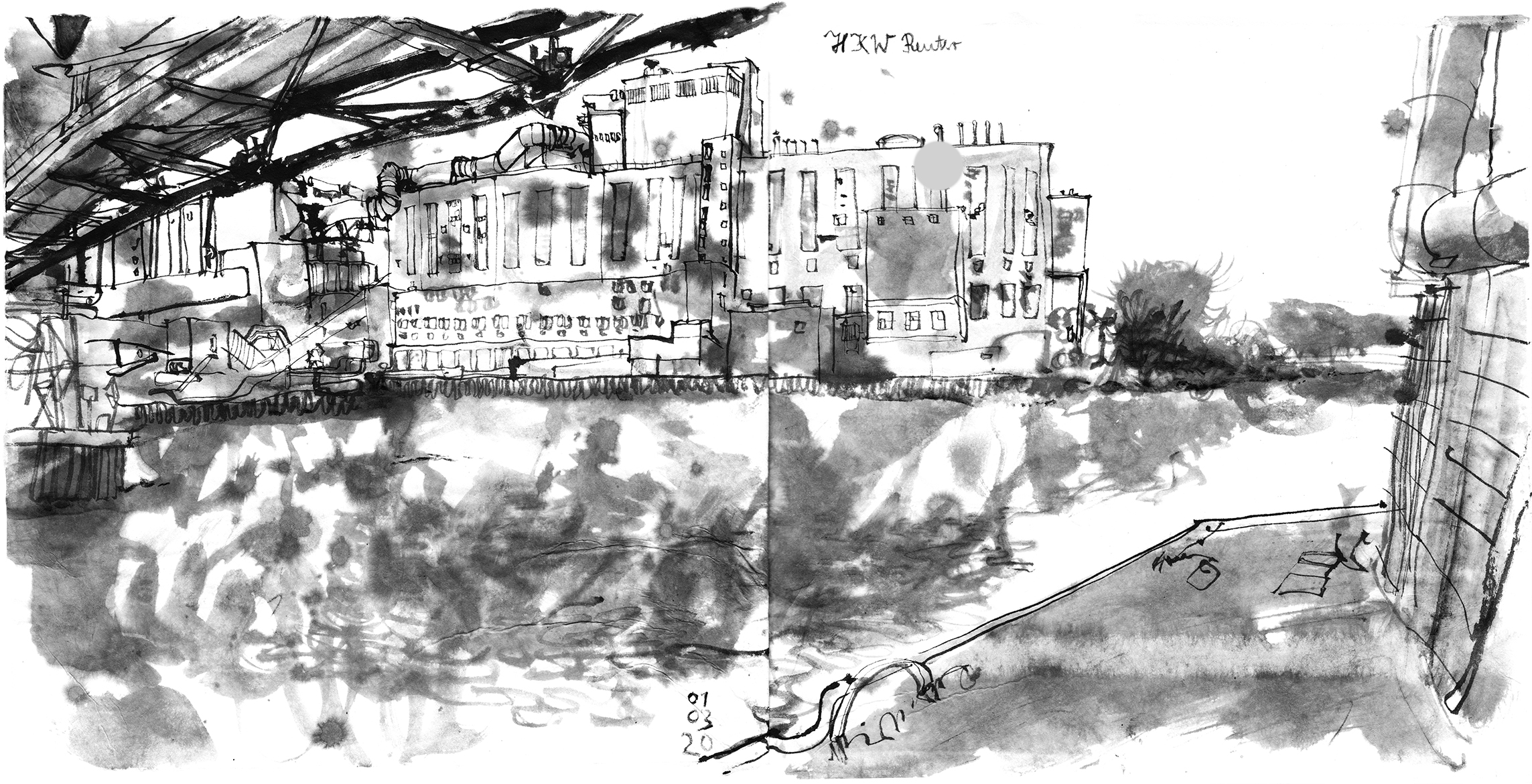 Ink drawing of an abondend power plant at the riverside, seen from underneath a bridge.