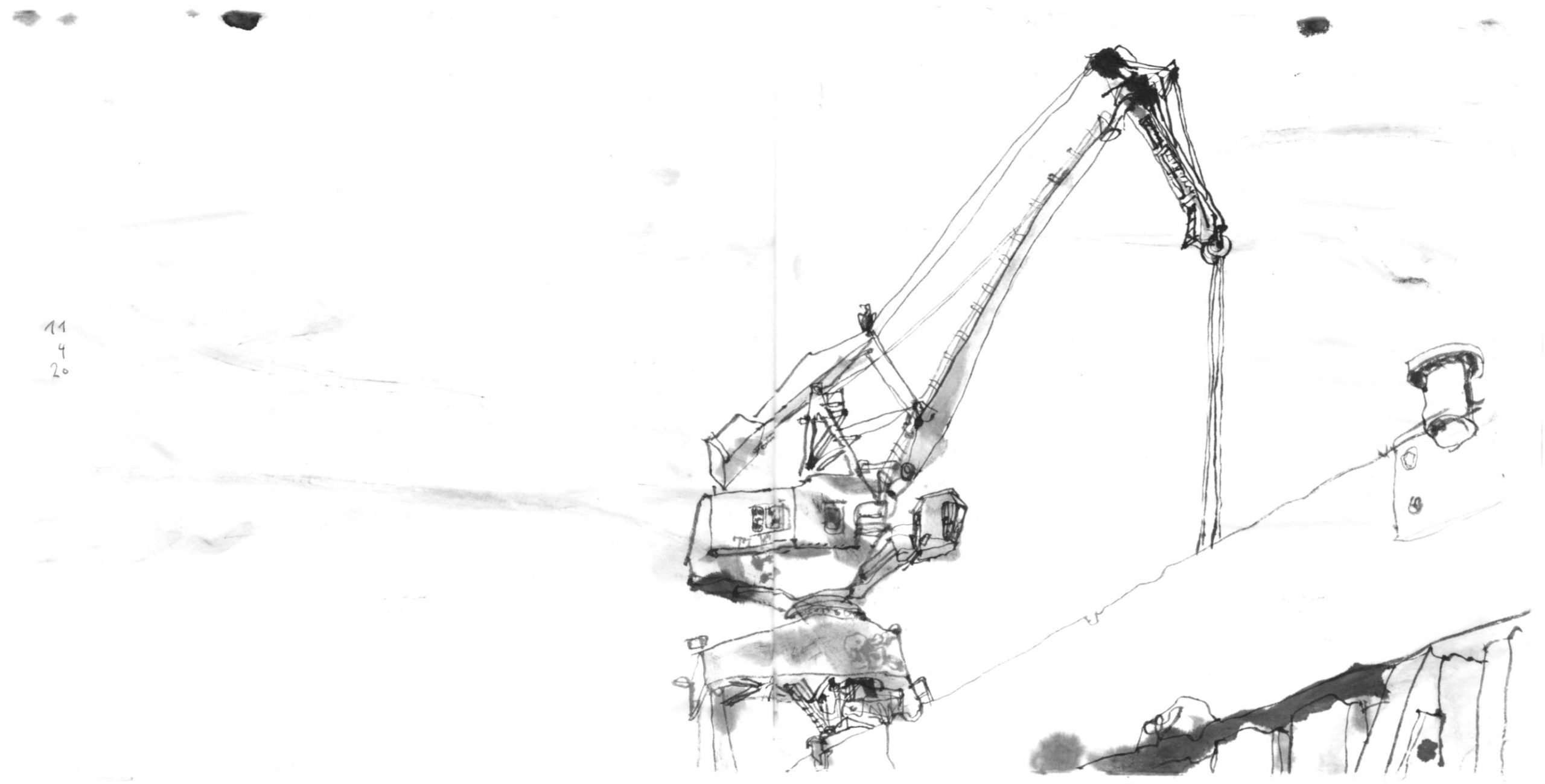 Ink drawing of a harbour crane, seen from a canal.