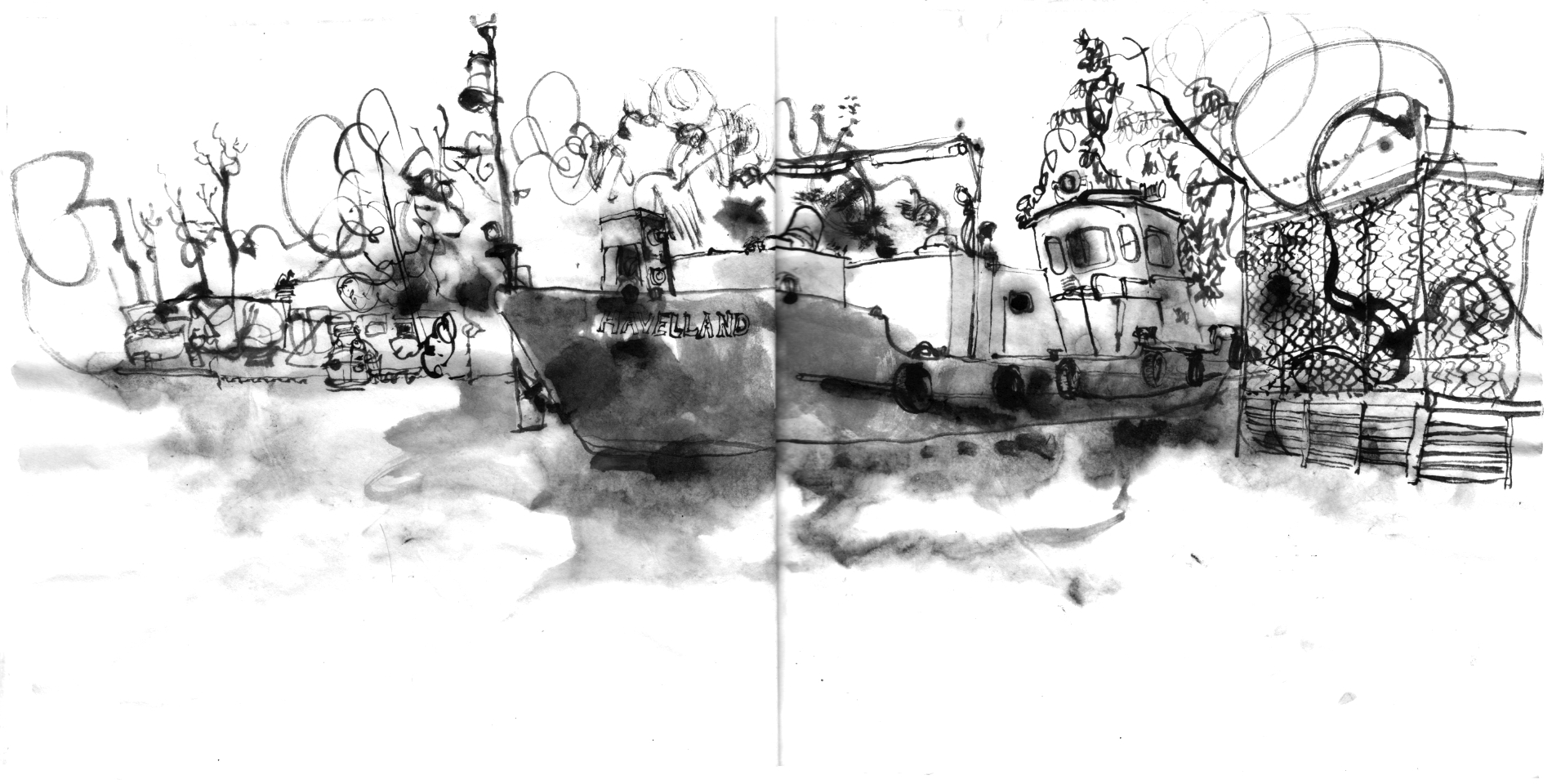 Ink drawing of a fishing boat, moored to a pole in a river. The boat is long and narrow, has a stearmans cabin and an elevated bow. in the back, on the other bank of the river, are small boats, to the rigt a wire fence.