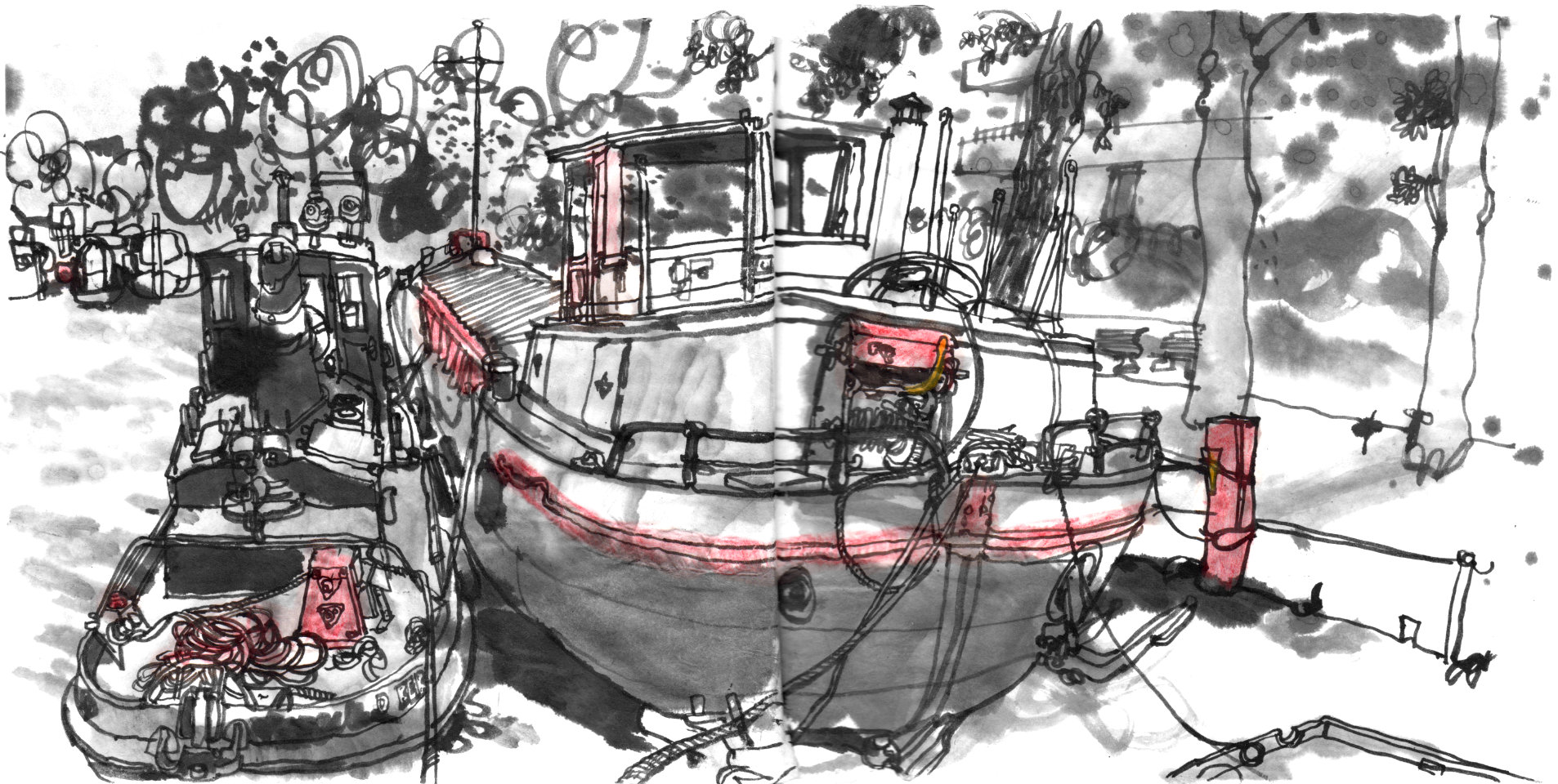 Ink drawing of two vessels, a smaller one to a bigger, that is moored to poles on the bank, that is right in the image. There are trees at the bank, two smaller boats in the background.