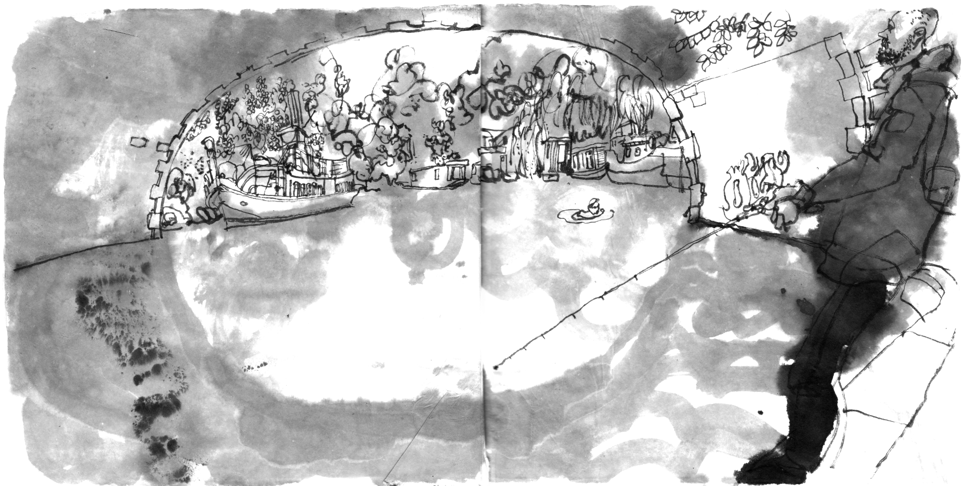 Ink drawing, done by a small canal. In the center of the image is a bowed brick bridge, with its reflection in the water, the canal with boats senn throug the bridge, hed of a swimmer in he canal. In the front right is a bearded man wit h a fishing rod.