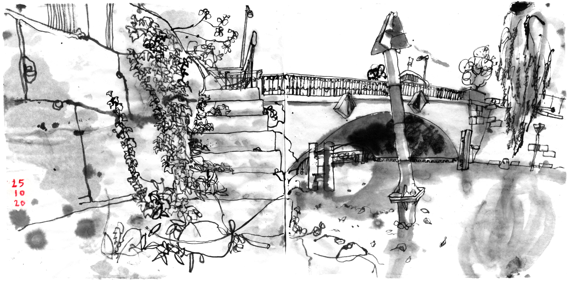 Ink drawing done from a canal, closed to the water level. On the left stairs lead to street level, in the back right is a bowed bridge, a willow on the right, a pole with some nautic sign on top in front.