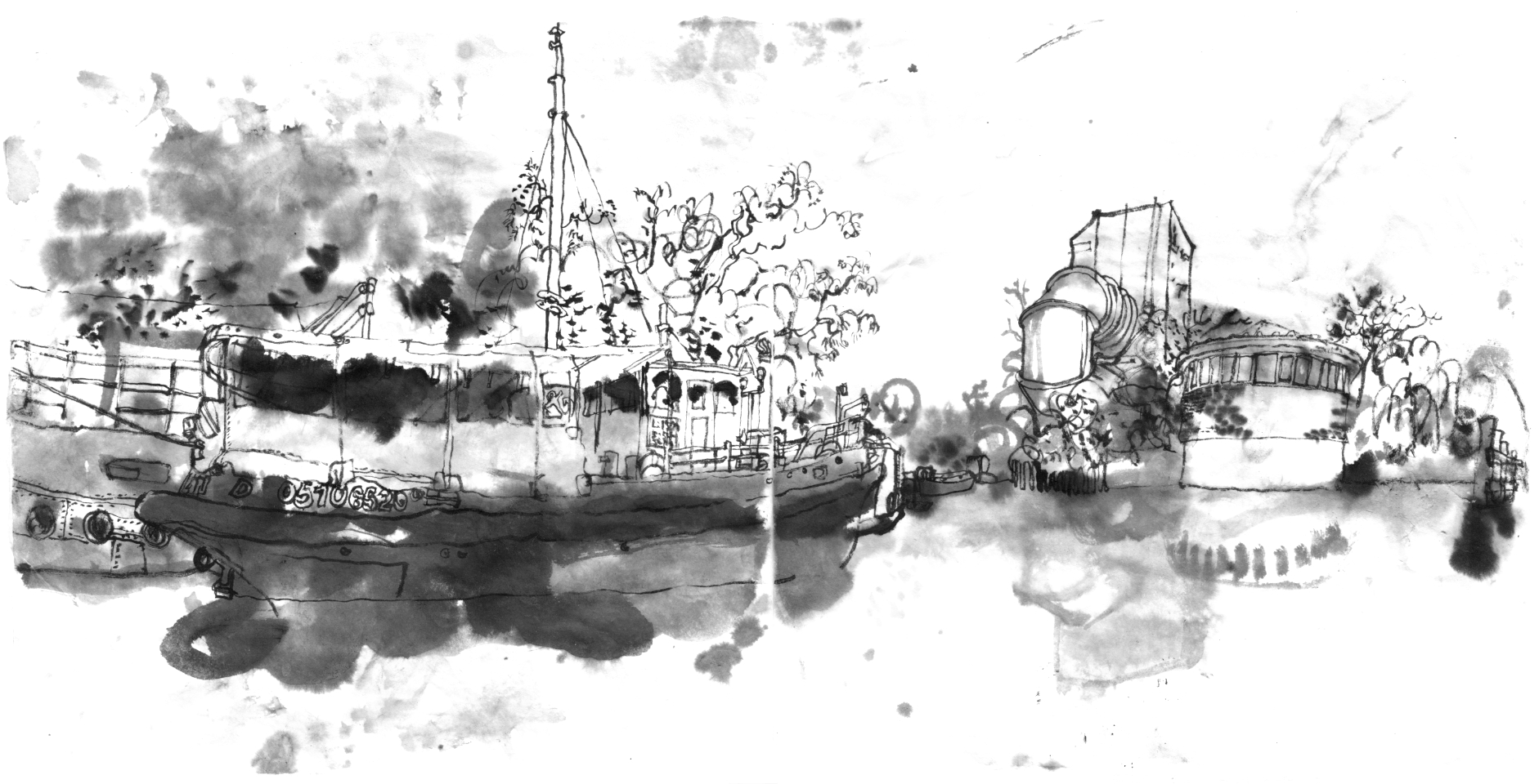Ink drawing from a canal, two boats on the left, two buildings between the fork of two canals, a single storey house with a window strip and, left of it in the back, an industrial looking building for scientific purpose, with a huge tube sling coming out of it.