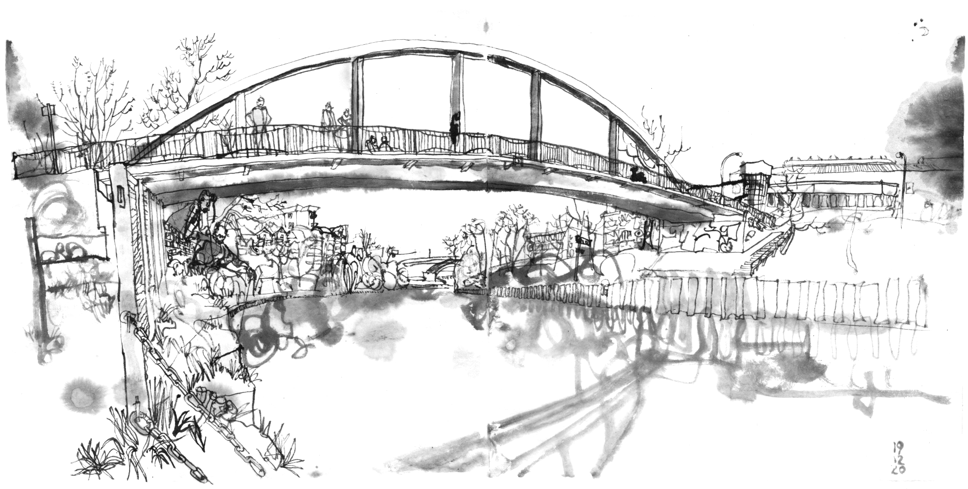 Ink drawing of a pedestrian bridge, crossing a canal.