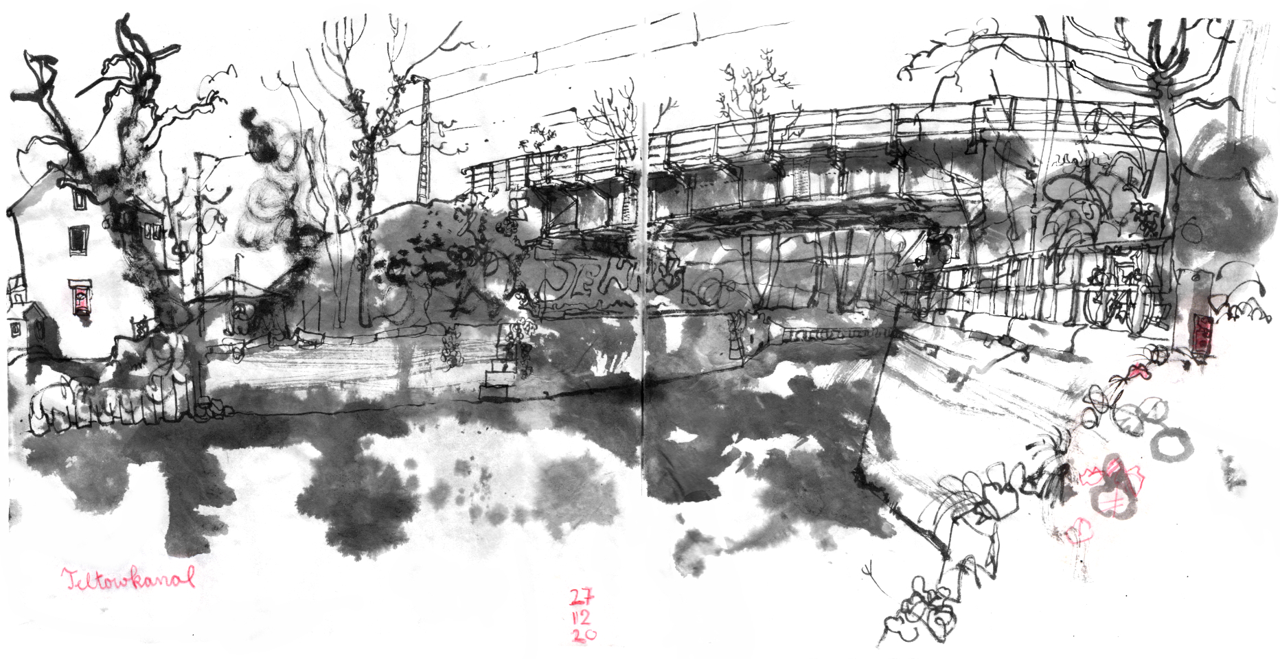 ink drawing of a railway bridge crossing a canal, trees (without leafs), a house on the left,