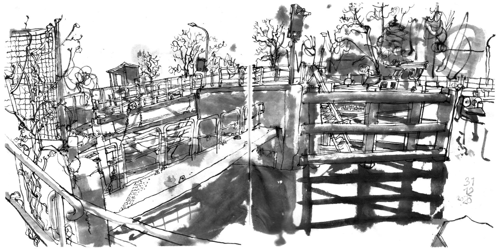 Ink drawing of the exit gate of an old lock.