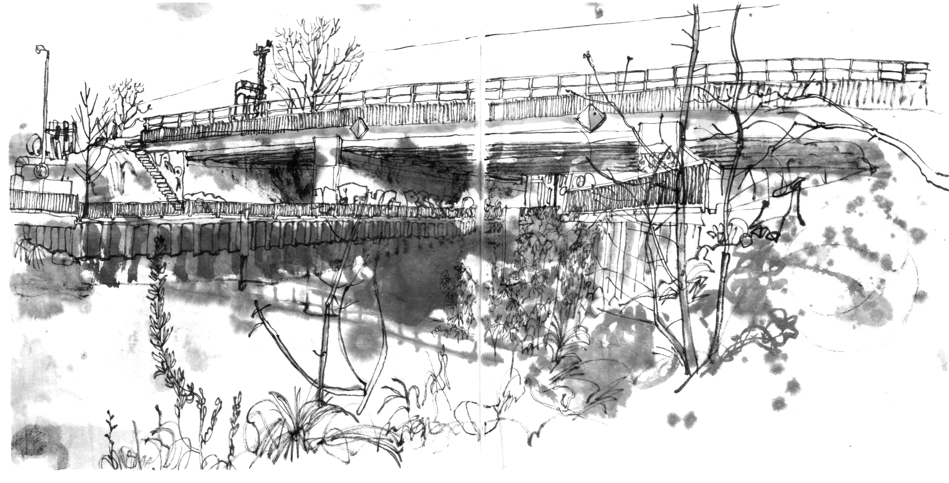 Ink drawing of a railway bridge, crossing a canal.