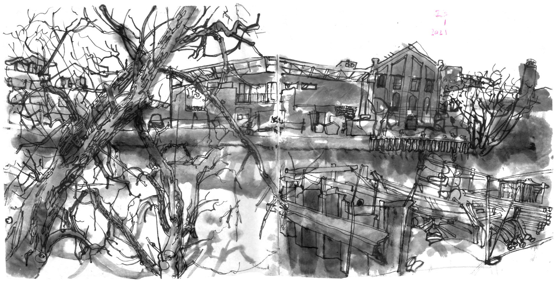 Ink drawing of a riverside, front left a willow, half hanging above the river, right a sheet pile wall of a building sit, industrial buildings (historical and new) on the other bank.