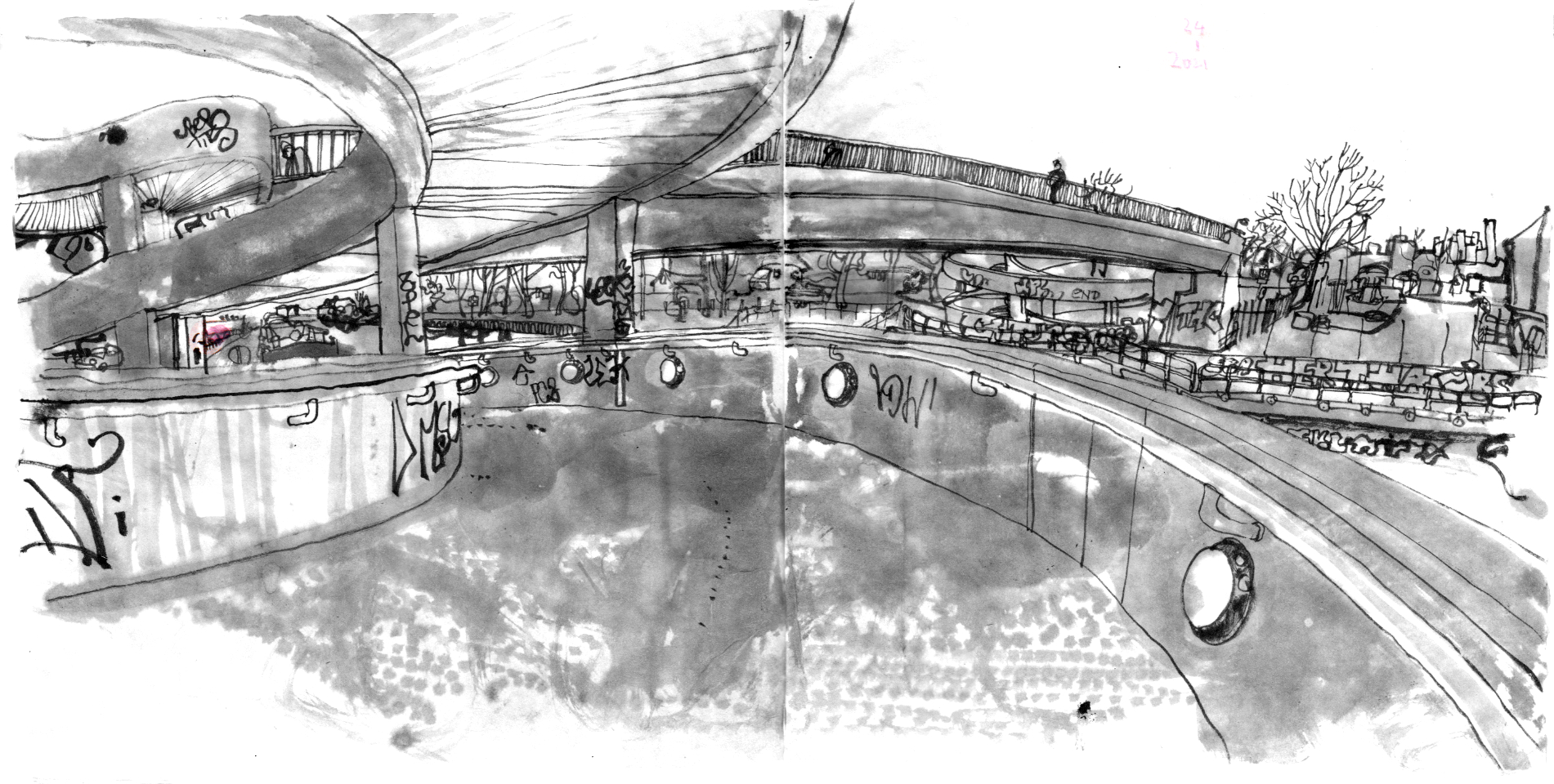 Ink drawing of the spiral ramp, leading to a pedestrian bridge across a canal, bridge with one figure on it in the back, bits of the canal and the opposite bank.
