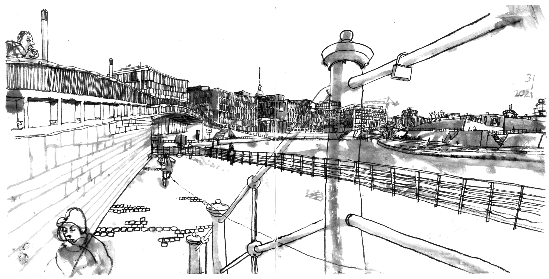 Ink drawing of a riverside, seen from the stairs that lead to walkways by the bank. To the left, the handrails of a higher level, flowing above a bridge that crosses a branch from the river. behind the bridge a modern buildings at the riverside, the river is bending to the right, on the opposite bank is another walkway by the river, on the left in the forground of the image are two figures, one coming up the stairs, another one looking over the handrail. In the front right is the handrail of the stairs, a single lock attached to it.