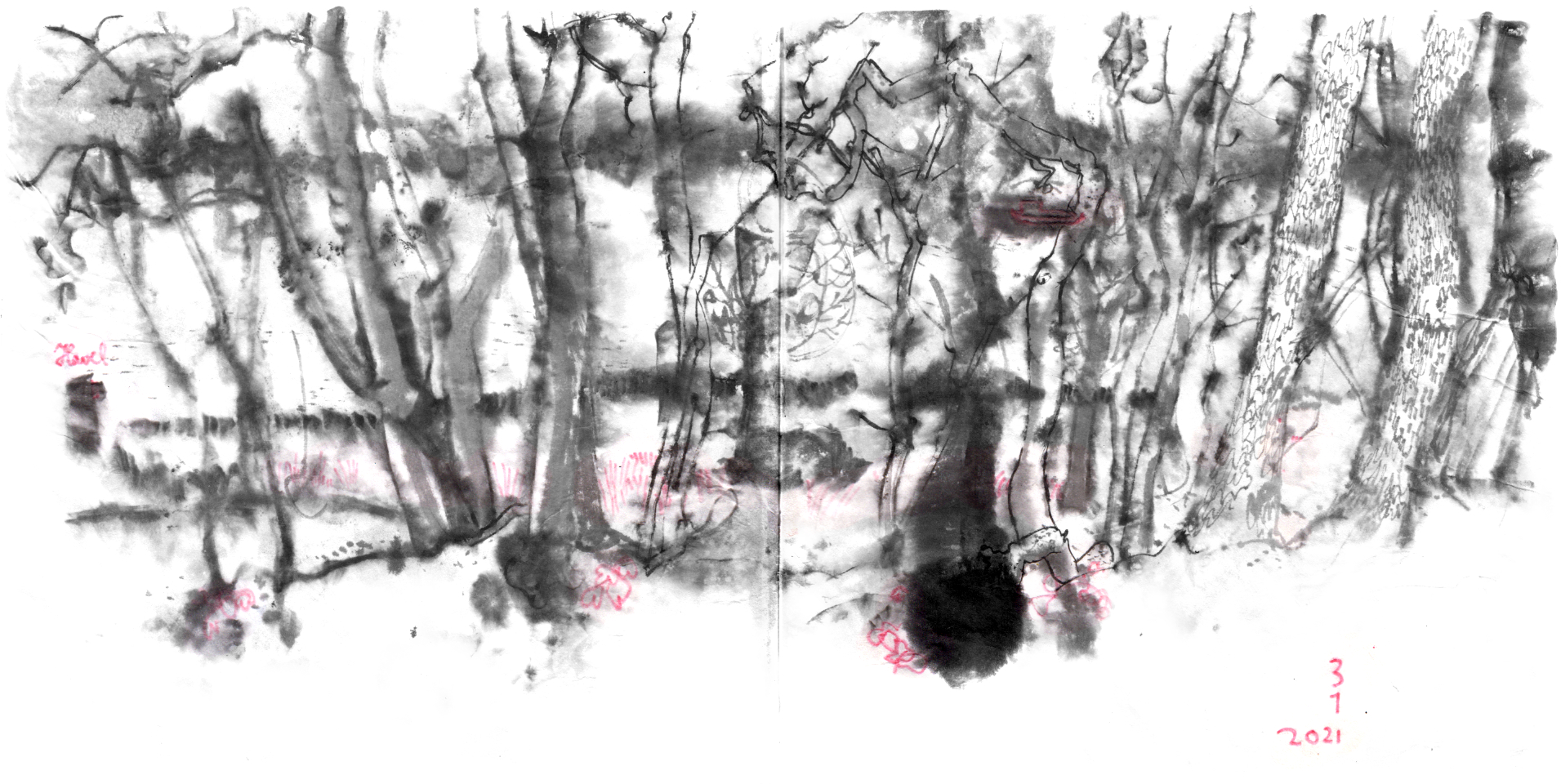 Inkdrawing of an light winter forest in front of a lake. Ink wasdeluted by snowflakes, melting on the sheet, creating a blurry effect. Some structure is added with a red crayon,