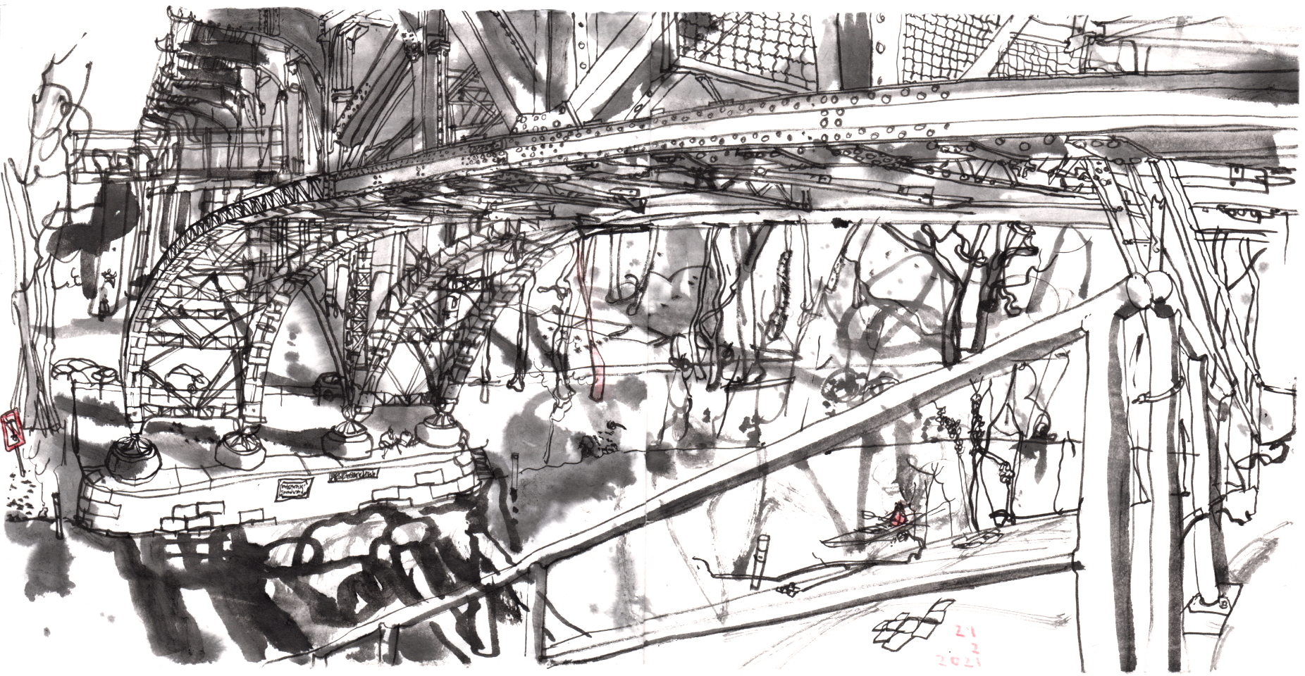 Ink drawing of an iron bridge, crossing a canal. The bridge and the canal are seen from  ahigh level, just underneath the grid binders, that go from the foreground on the right in a bow down to a support by the other side of the canal. It are two pairs of binders. In the front is a handrail, leading down to the water to the left and along a high path underneath the bridge . On the water is a person in a kayak, trees from the other bank reflect in the water.