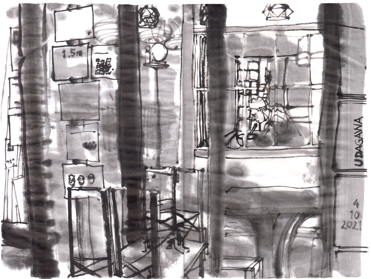 ink drawing of an japanese restaurant from outside. you see th cook cleaning the kitchen in the back, in front of teh restaurant the outdoor benches are placed top down onto the tables.