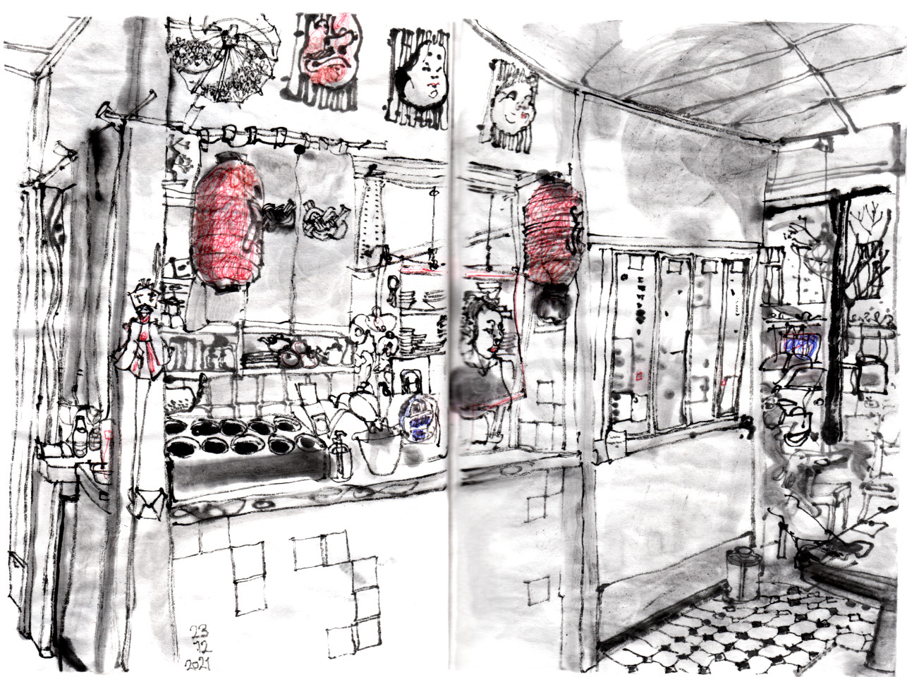 Ink drawing with bits of red coloering, showing the vending counter of a japanese restaurant, red paper lanterns beside of it and japanese masks above. A woman can be seen, that is working in the kitchen aside of the counter.