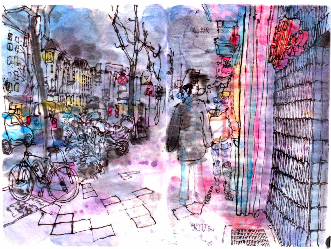 Coloured ink drawing of a street, people cueing in front of a restaurant. It is dark, but city lights shine on the street