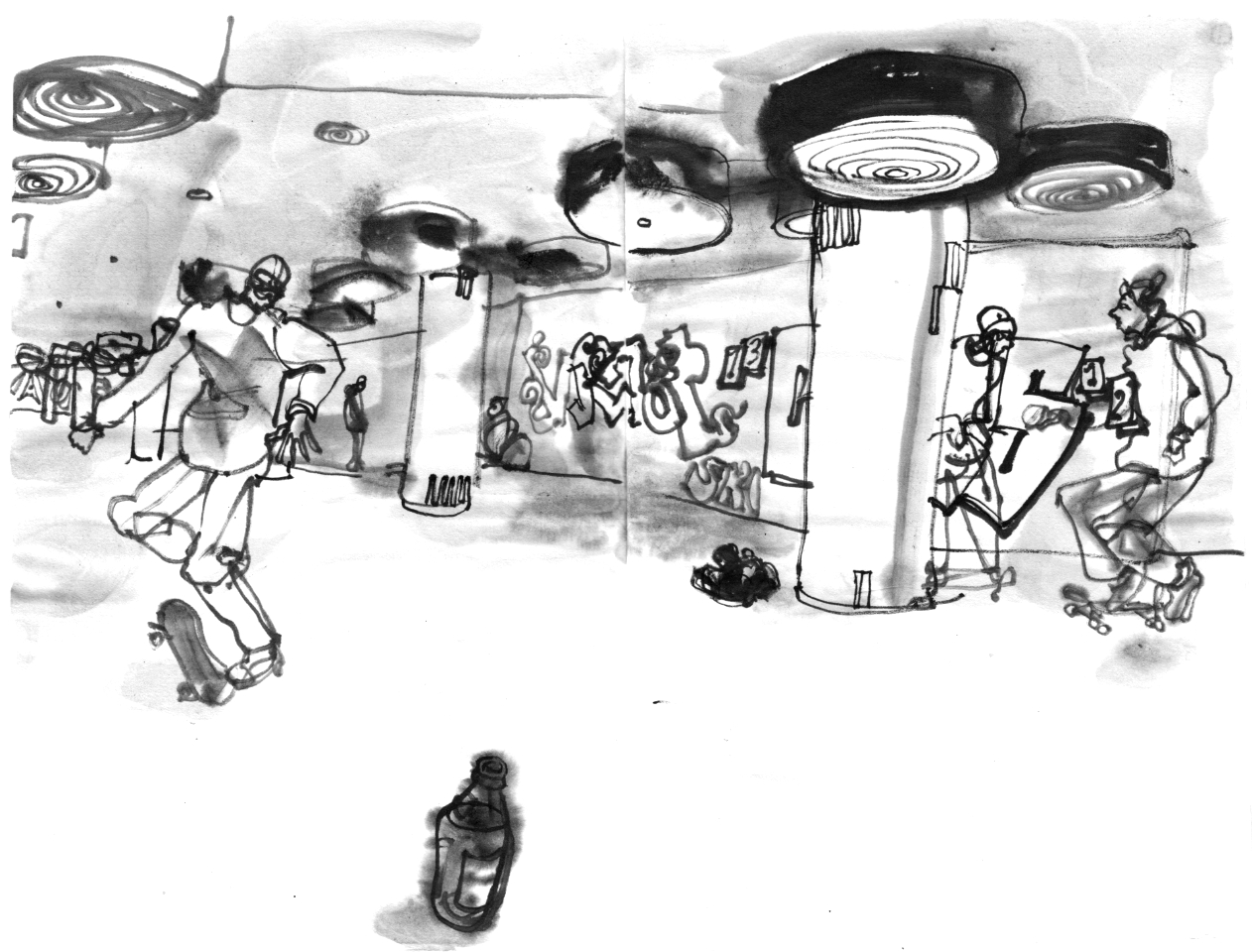 Ink drawing of skateboarders in an underground passway, beer bottle in front