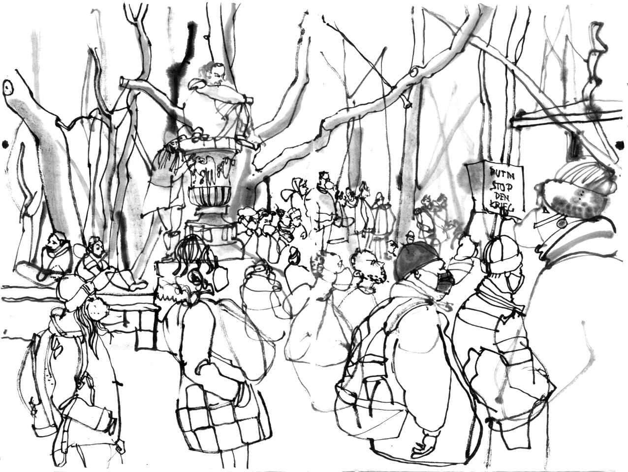 Ink drawing of an demonstration