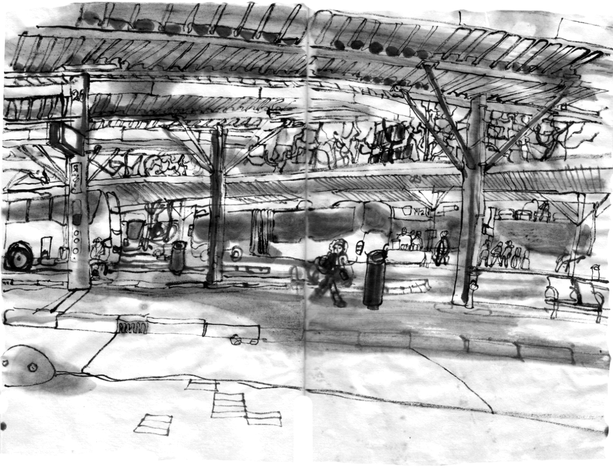 Ink drawing of a platform at a long distance bus station