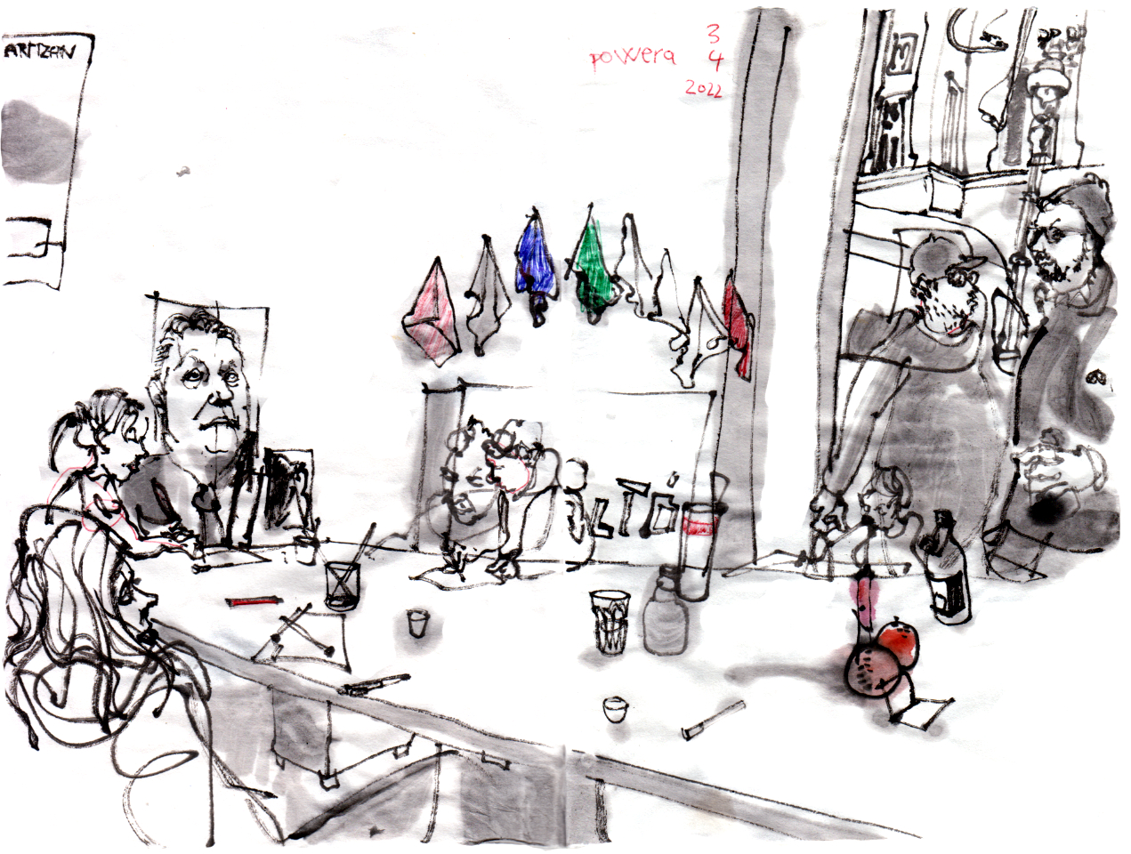ink drawing of a table, standing on front of a wall. there is a picture of victor orban at the wall and an arrangment of a candle and two mandarines on the table.some people in the romm, glasses on the table, children painting on sheets at the table.