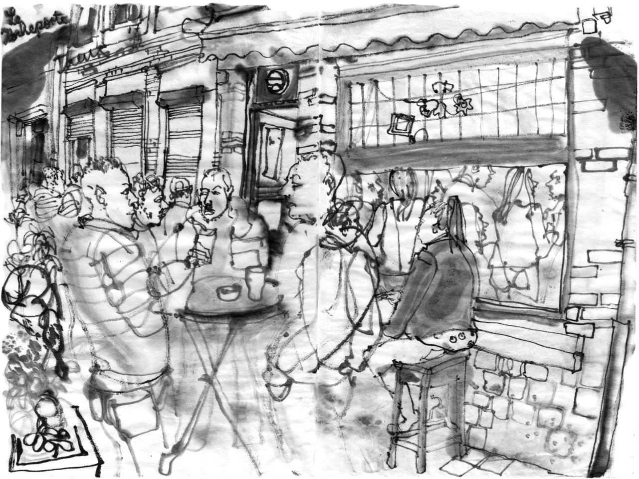 ink drawing of people in front of a belgish pub