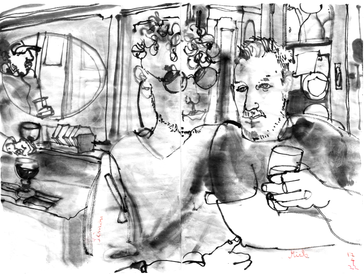 ink drawing of two young men in a belgish pub