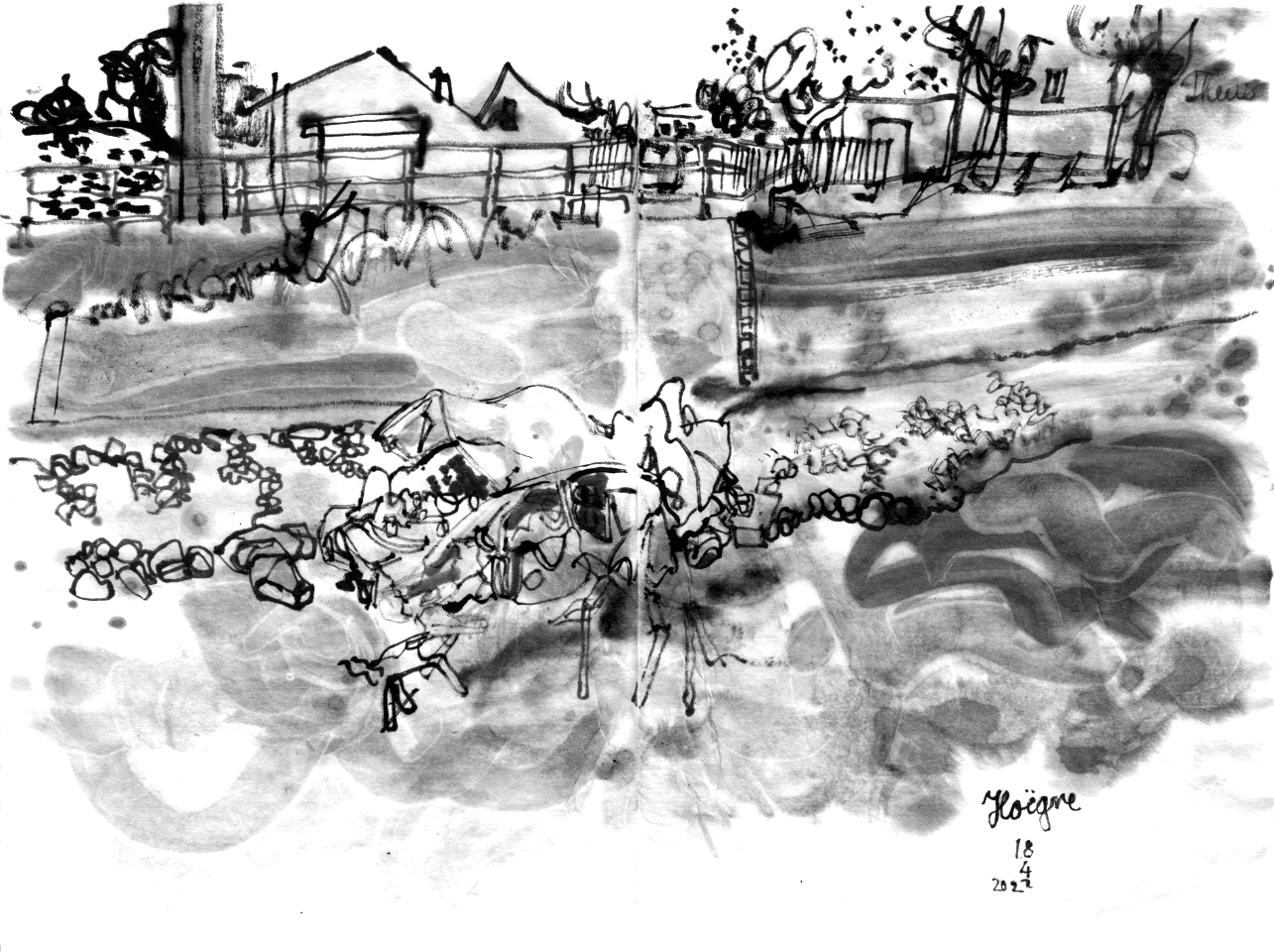 ink drawing of a river, debris and a wrecked car (filled with debris) in ther river, 