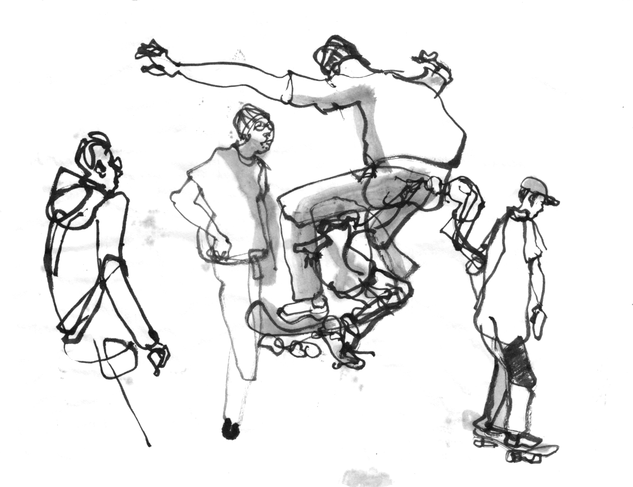 Inkdrawing of skateboarders, one in the air, two observing and one passing by on his board