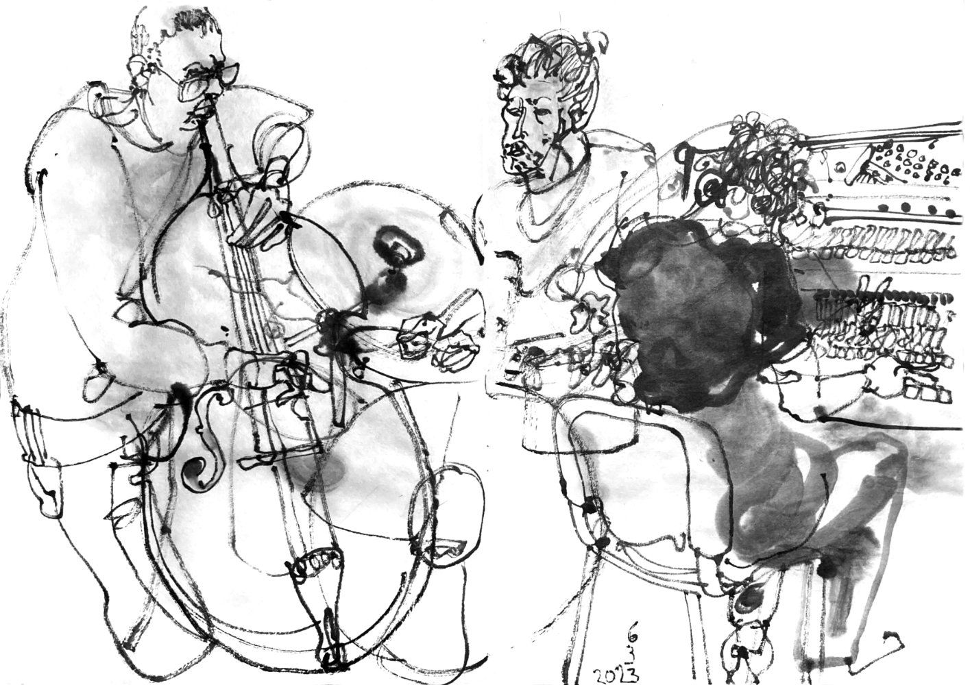 Inkdrawing of a bass player, a drummer and a piano player.