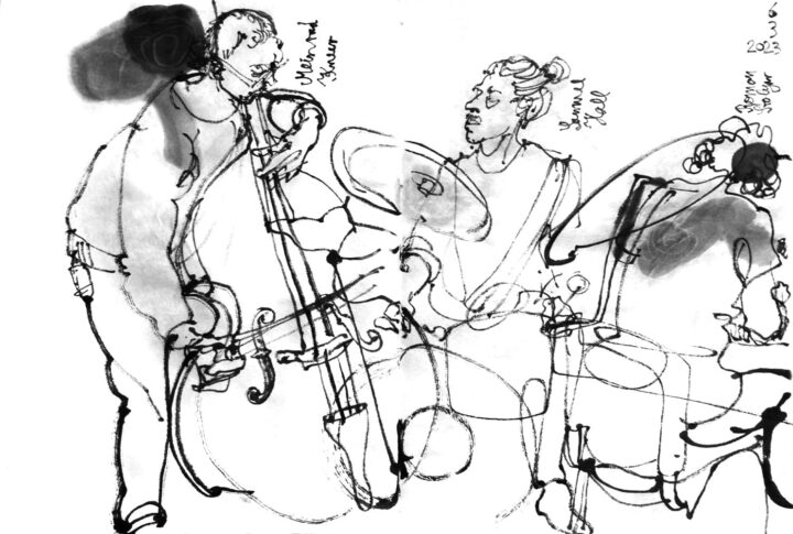 Inkdrawing of a bass player, a drummer and a piano player.