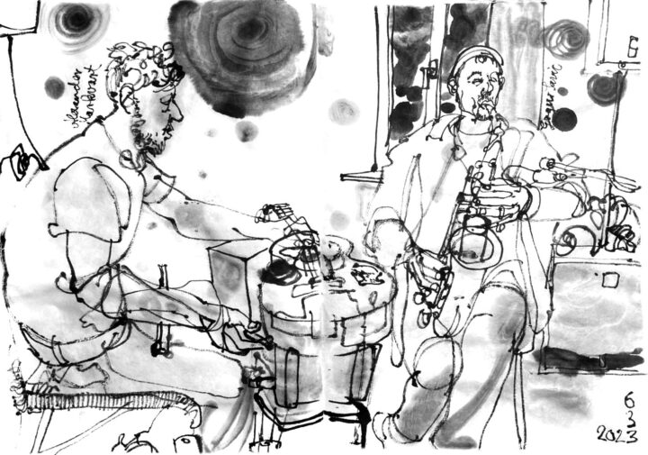 ink drawing of a man playing acoustic feedback guitar and another man, playing saxophone.