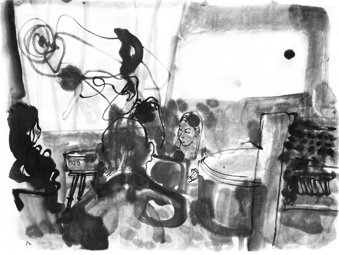 Ink drawing of a woman, performing on some device and sitting in front of a screen with projections. Backheads of audience in front.