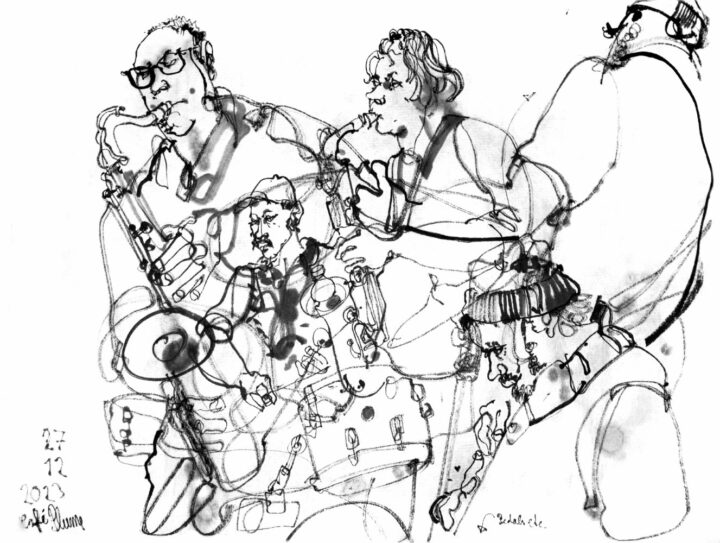 ink drawing of a tenor saxophonist, a drummer, an alt saxophonist and an e-bassist (depicted twice)