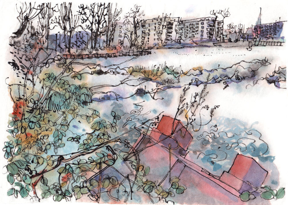 colored inkdrawing of a lake, embankment with rusted steel elements in front, lake with some plastic covered piles inside, trees and houses in the back.