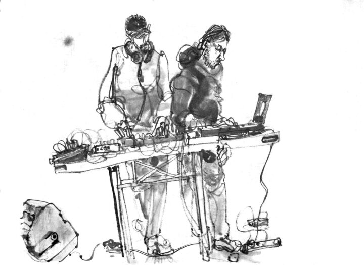 ink drawing of two musicians on stage behind desk, left at some electronic device, right at another device and a laptop