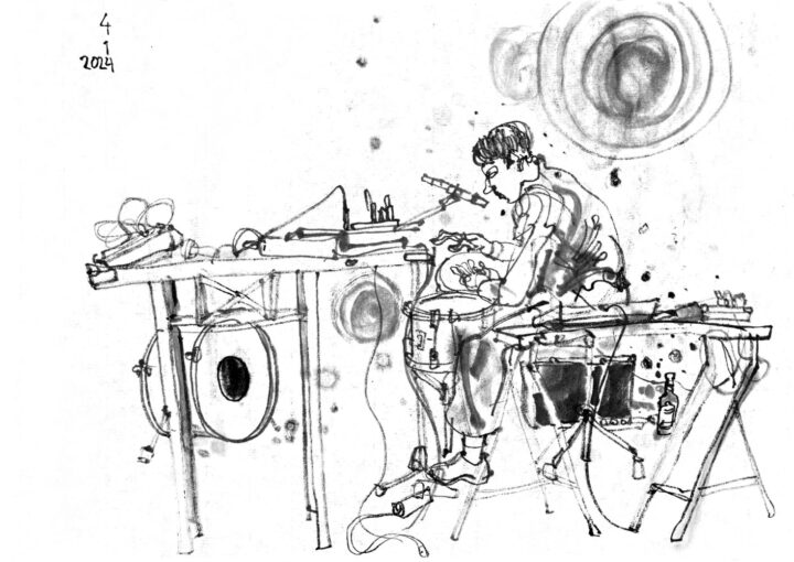 ink drawing of the musician Mårble, sitting at a small drumset,he plays with his hand, there is a microphone, diverse wind instruments are lying around, a bottle of beer is in reach.