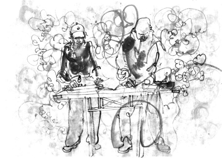 ink drawing of two musicians on stage behind a desk, using electric devices. There is a lot of fog.