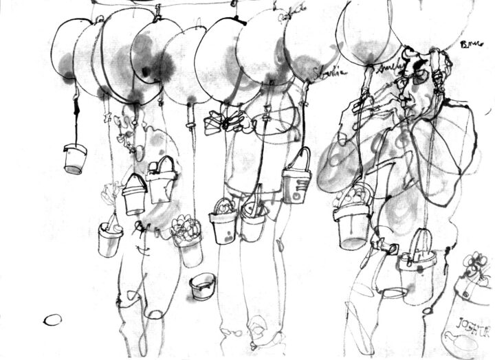 inkdrawing of a performance - there are some big baloons fixed at a line, there tubes connected with valves, the tubes end in Yoghurt buckets, hanging from each baloon. The musician, depicted three times, is manipulating the valves and refilling water in the buckets. Soap bubbles spill out of some of the buckets.
