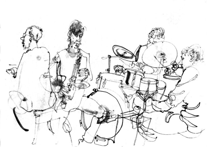 Ink drawings of a performance, four musicians are depicted, from left to right pianist, sax-player, drummer and feed-back-guitarist.