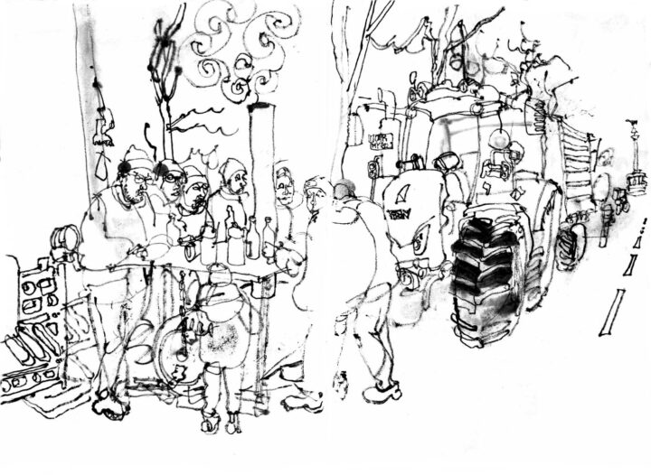 Ink drawing of several men and one child, standing around an oven, that is covered by a table plate, standing on the roadside. behind it is a big tractor with a trailer, the row of tractors goes on, in the back one can see the berlin victory column.