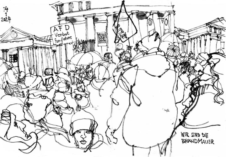 Ink drawing of a demonstration in front of brandenburg gate. People are holding signs: "AfD-Verbot for future", "Vielfalt ohne Alternative". 