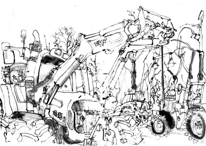 Ink drawing of tractors, standing on a street through a park.