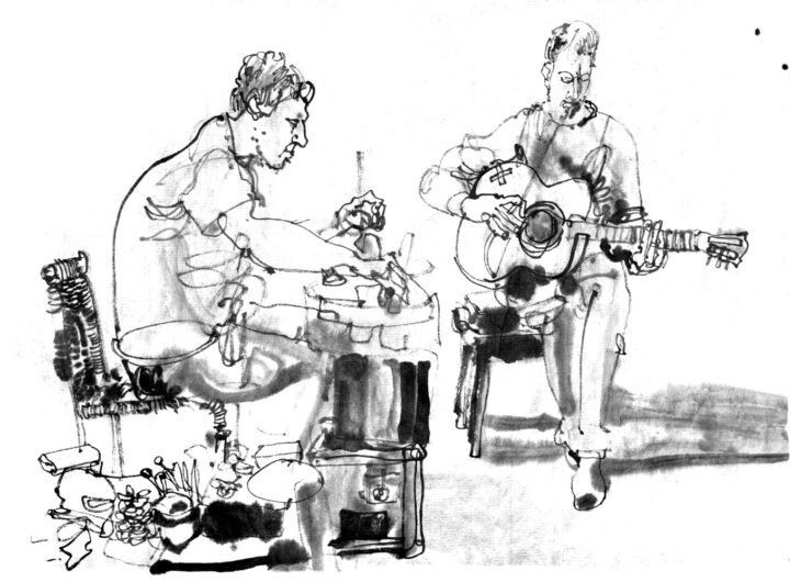 ink drawing of two musicians, left a male guitarist, playing a guitar, that is positioned on an Amplifier in front of him with a violin bow, right a male guitarist playing a acoustic guitar with a bow too.