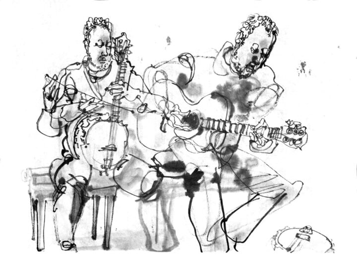 ink drawing of one male musician, depicted twice, left playing a banjo with a violin bow, right playing an acoustic guitar.